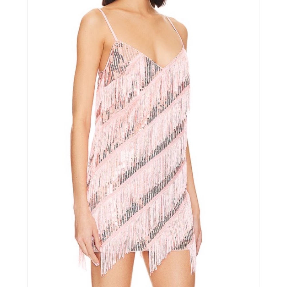 NBD Revolve Pink Sequin Fringe Slip Dress